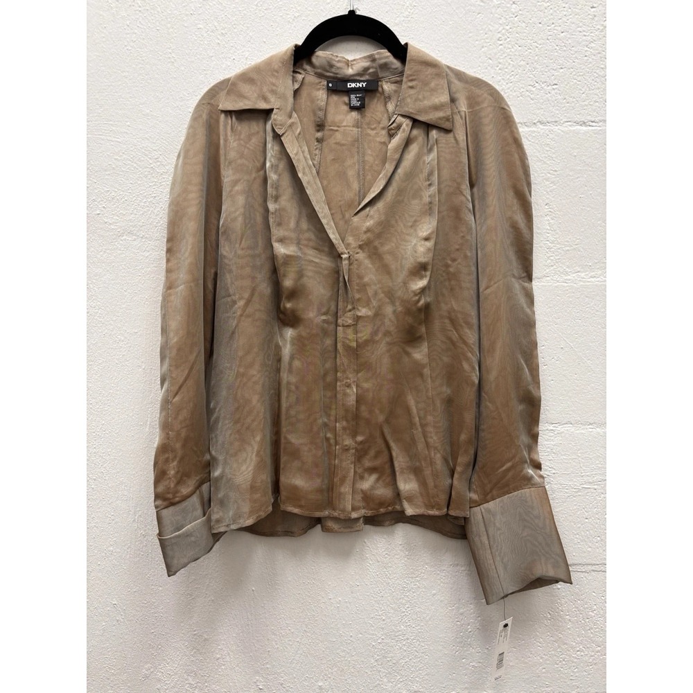 DKNY Sz 8 Silk Semi Sheer Blouse snaps Fitted Irridescent originally MSRP$295